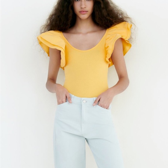 Zara NWOT yellow ruffle sleeves bodysuit top, stretchy - Picture 7 of 10